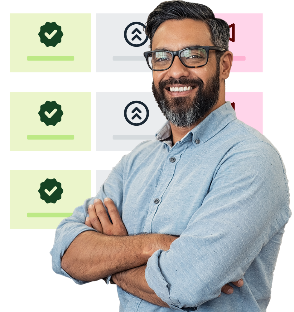 Man with arms folded and school related icons behind him