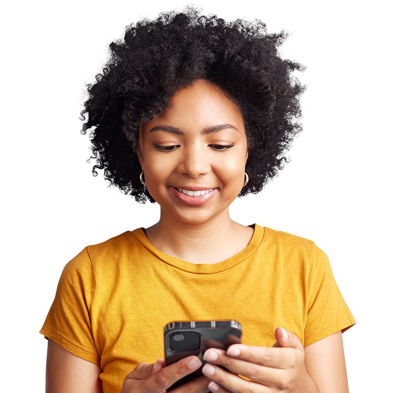 smiling woman holding smartphone